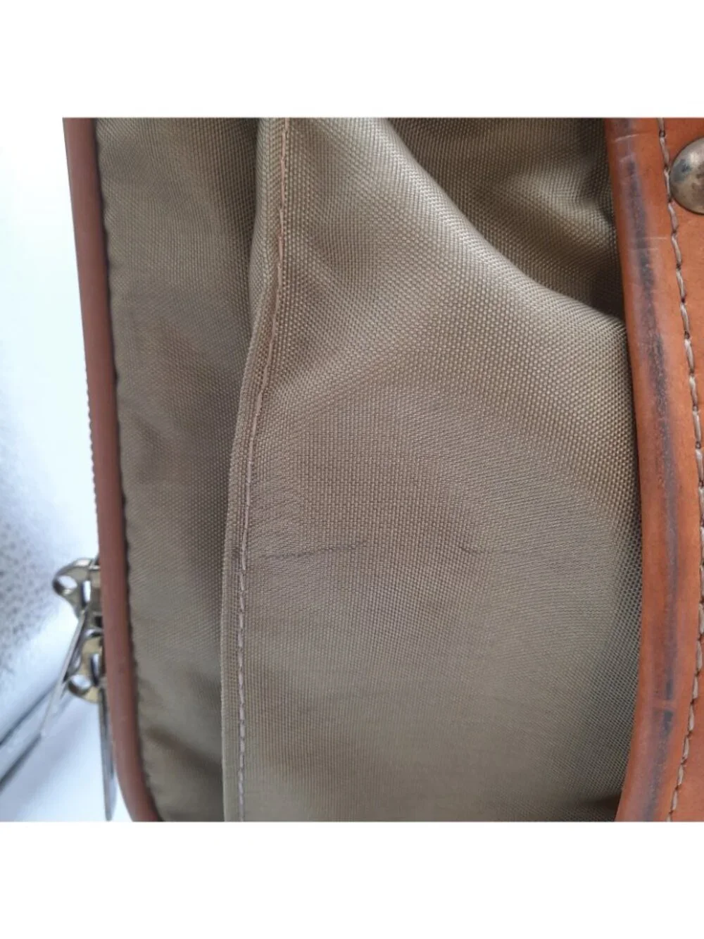 Vintage Hartmann Luggage Khaki Nylon Leather Trim Folding Zip Travel Garment Bag